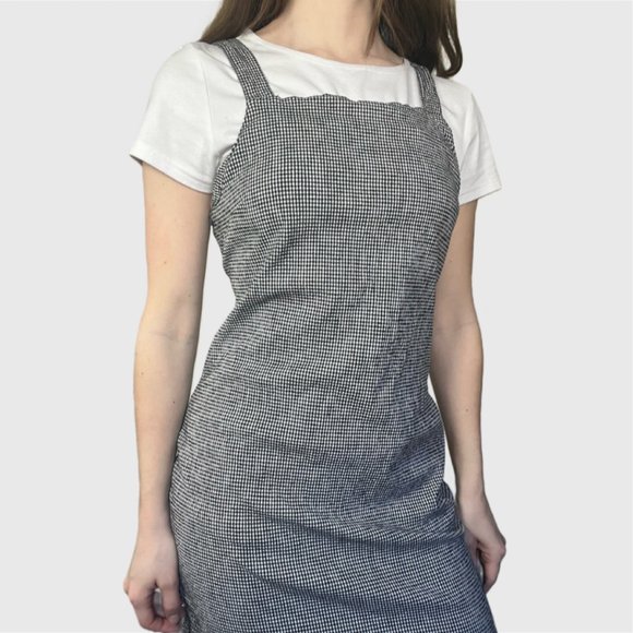 Vintage 90s Black Dress, 1990s Black White Checkered Mini Dress - Picture 2 of 8